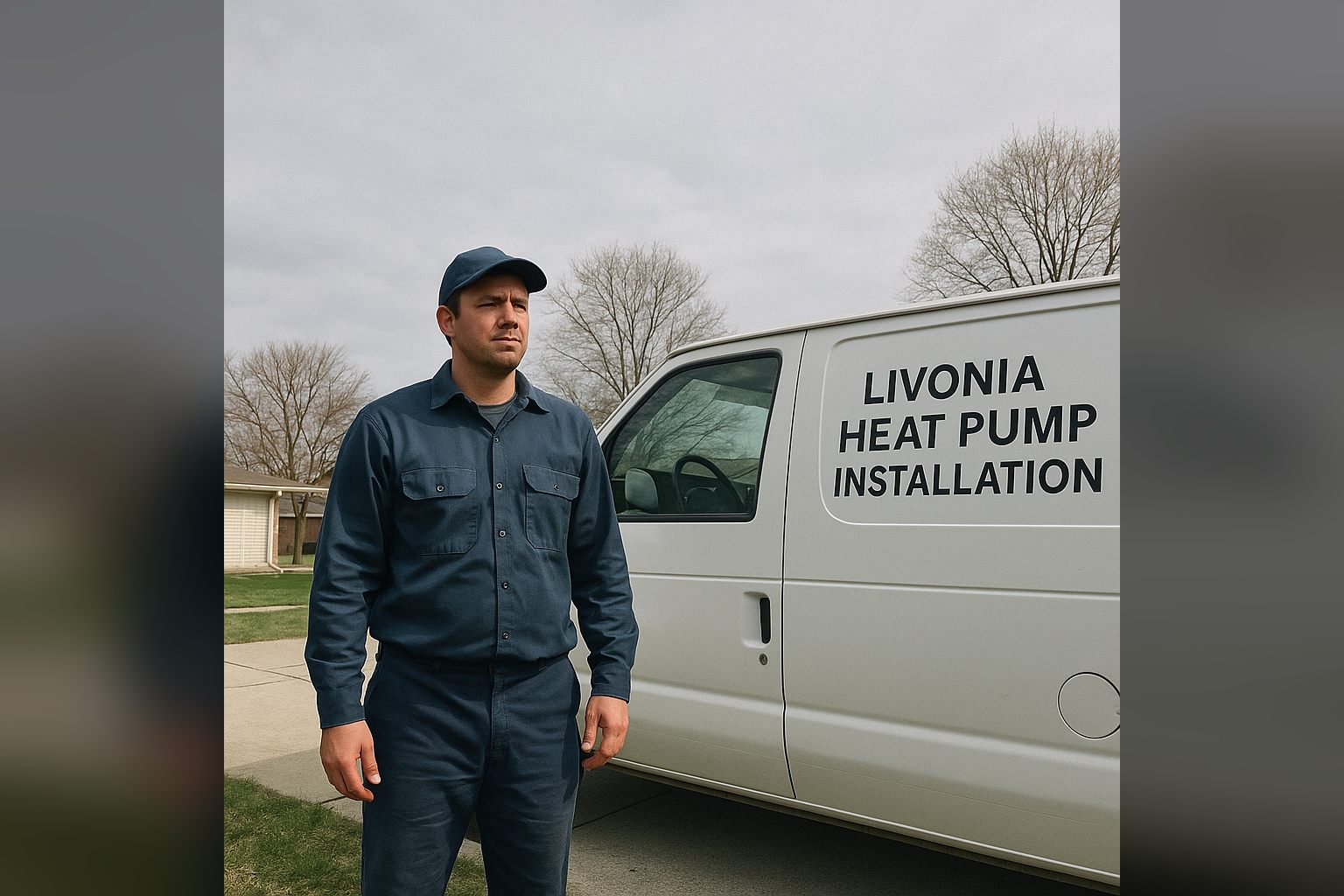 Licensed heat pump installation professional in Livonia, MI — local contractor with worn work clothes beside a service van